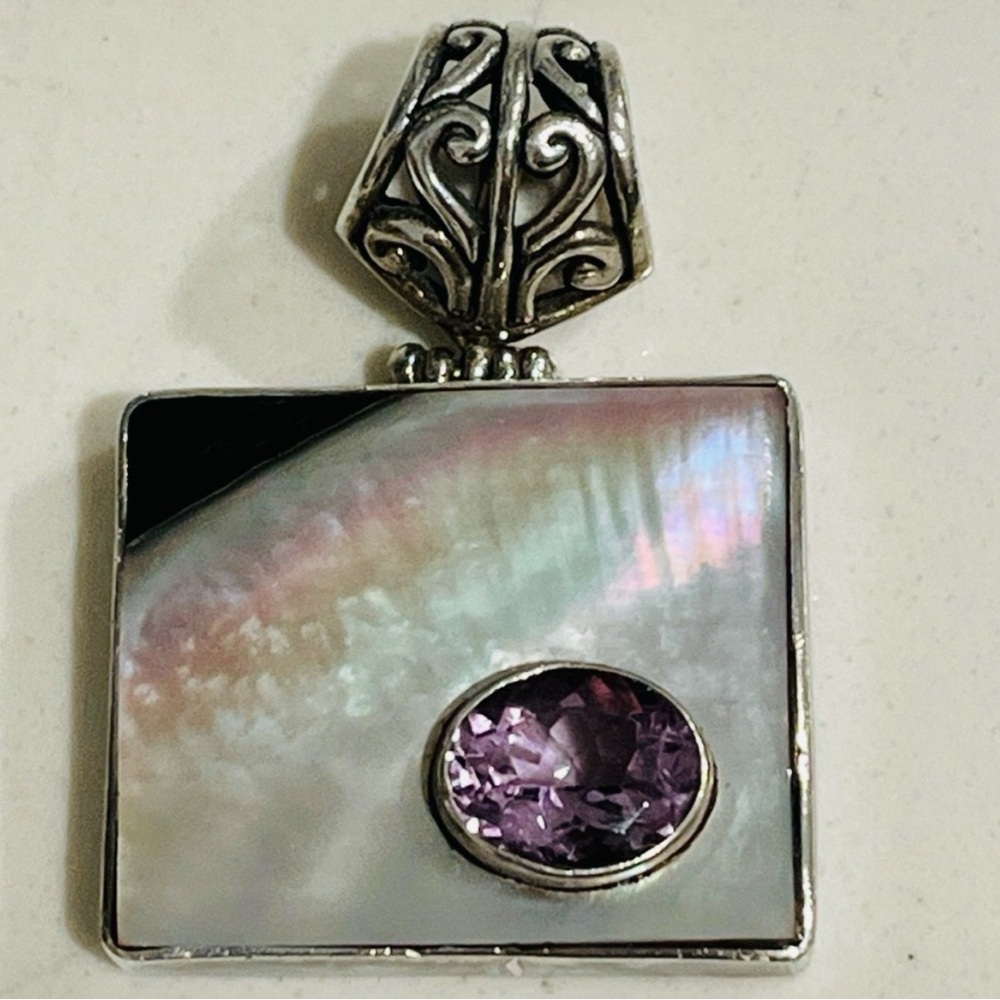 VTG Sterling Silver 925 MOP Inlay Amethyst Stone Chunky Statement Pendant